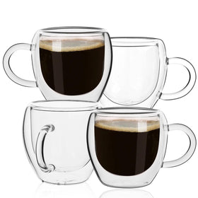 Glenkach 2.5oz espresso cups set of 4 in clear glass with handles, ready for service.