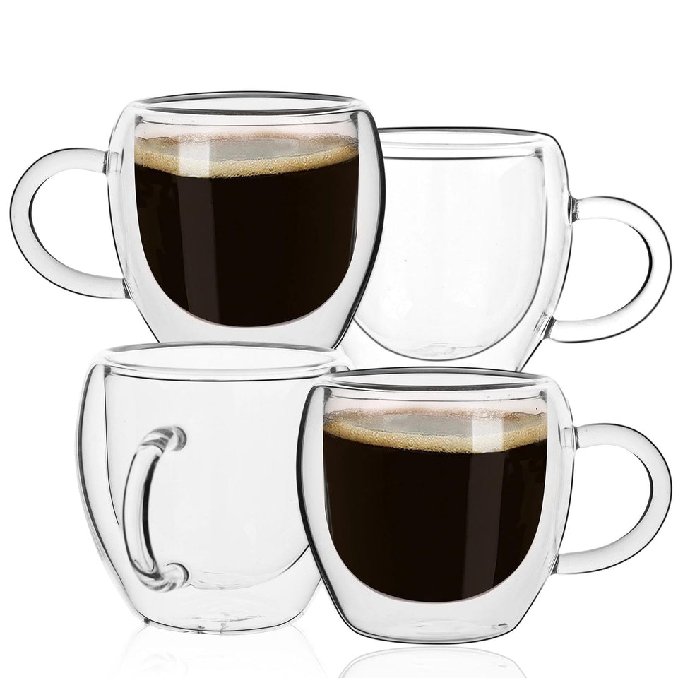 Glenkach 2.5oz espresso cups set of 4 in clear glass with handles, ready for service.