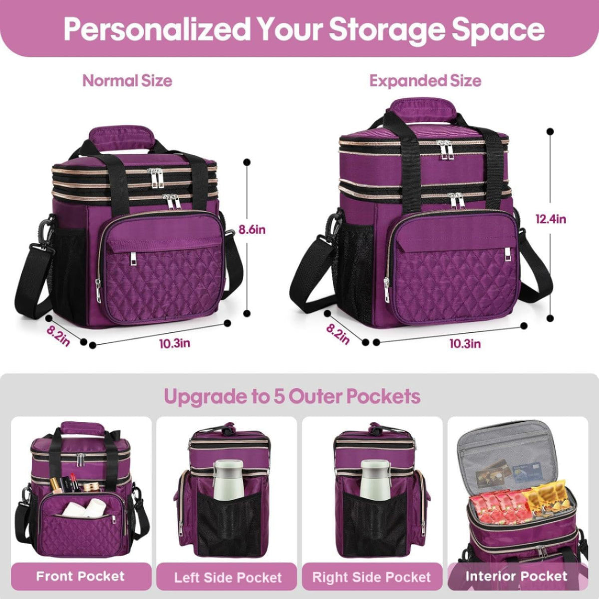 GLENKEY Expandable Lunch Box purple side pockets for organized storage