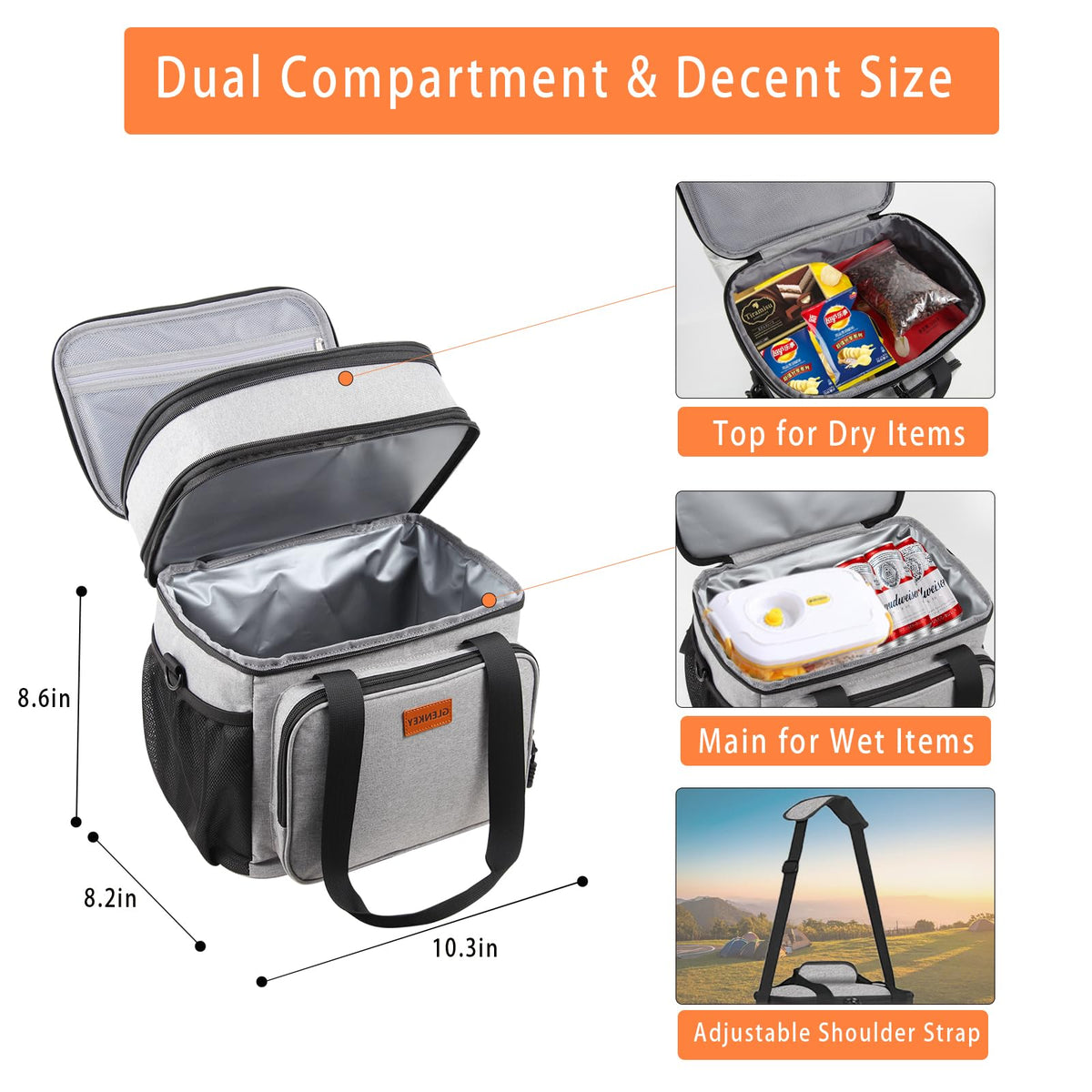 GLENKEY expandable top compartment increases capacity for extra snacks.