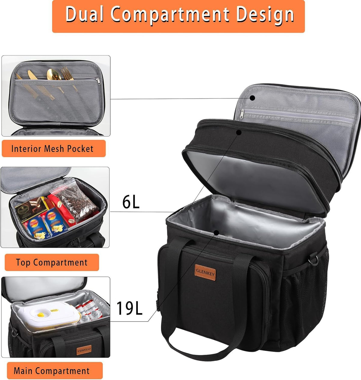 GLENKEY expandable XL lunch bag side pockets organized for chargers and bottles
