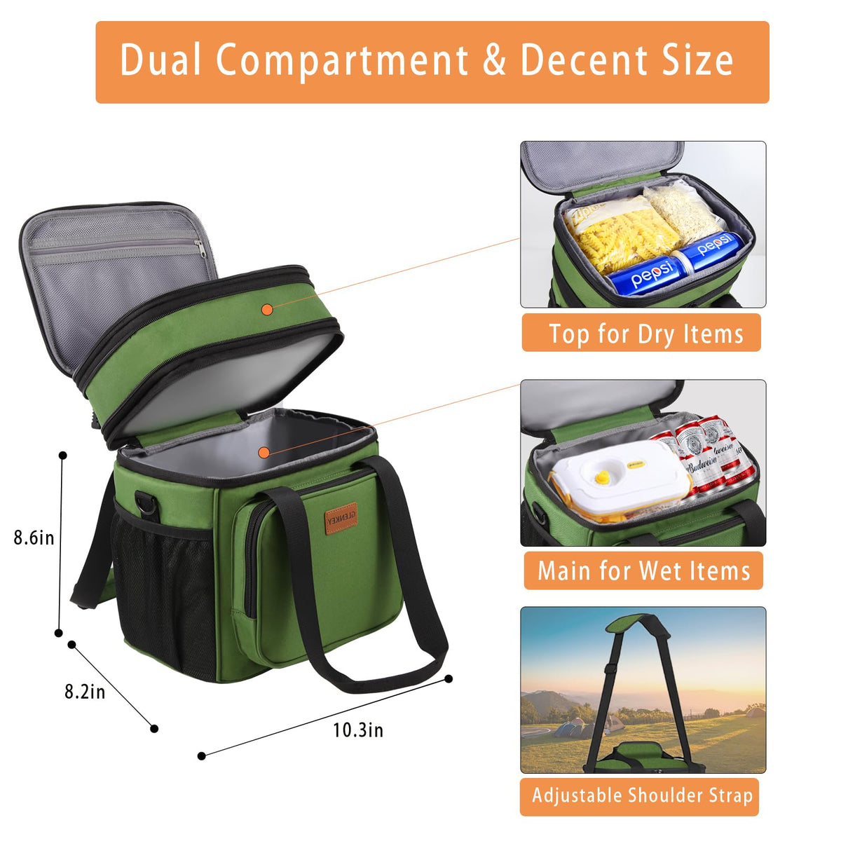 GLENKEY heavy-duty lunch cooler shows side pockets for essentials during work or travel.