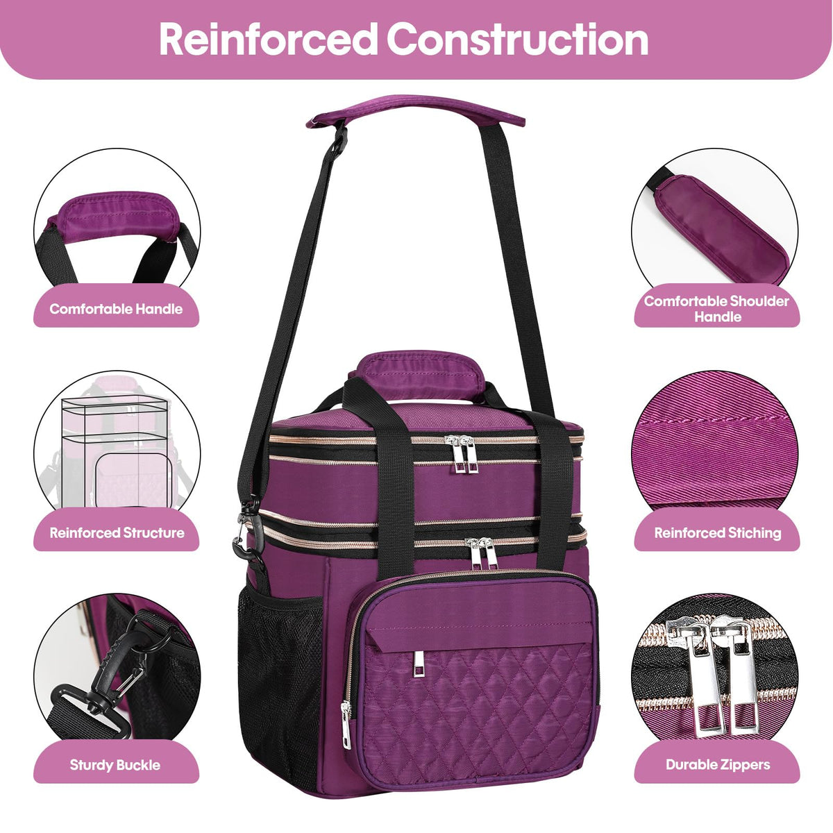 GLENKEY Insulated Lunch Box purple fabric that is water resistant