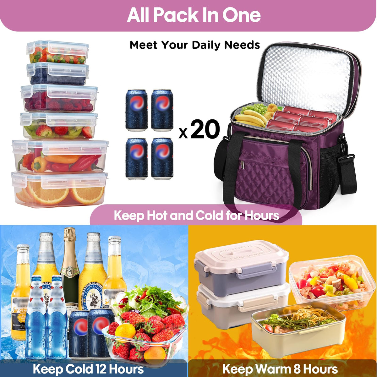 GLENKEY Lunch Box purple padded shoulder strap for comfortable carrying