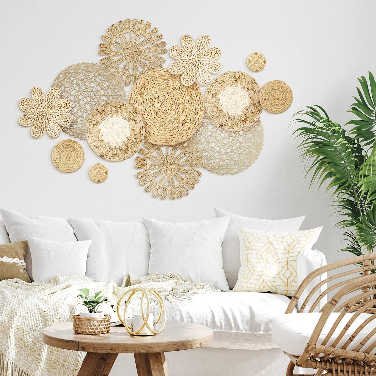 Glenmal boho wall basket 30cm round rattan adds warm living room decor.