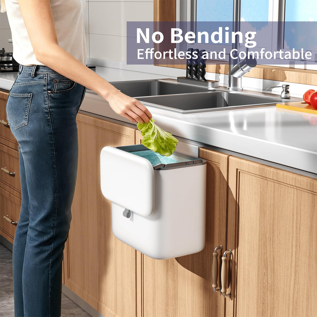 Gleynest bin mounted on cabinet door with adhesive hook for space-saving placement