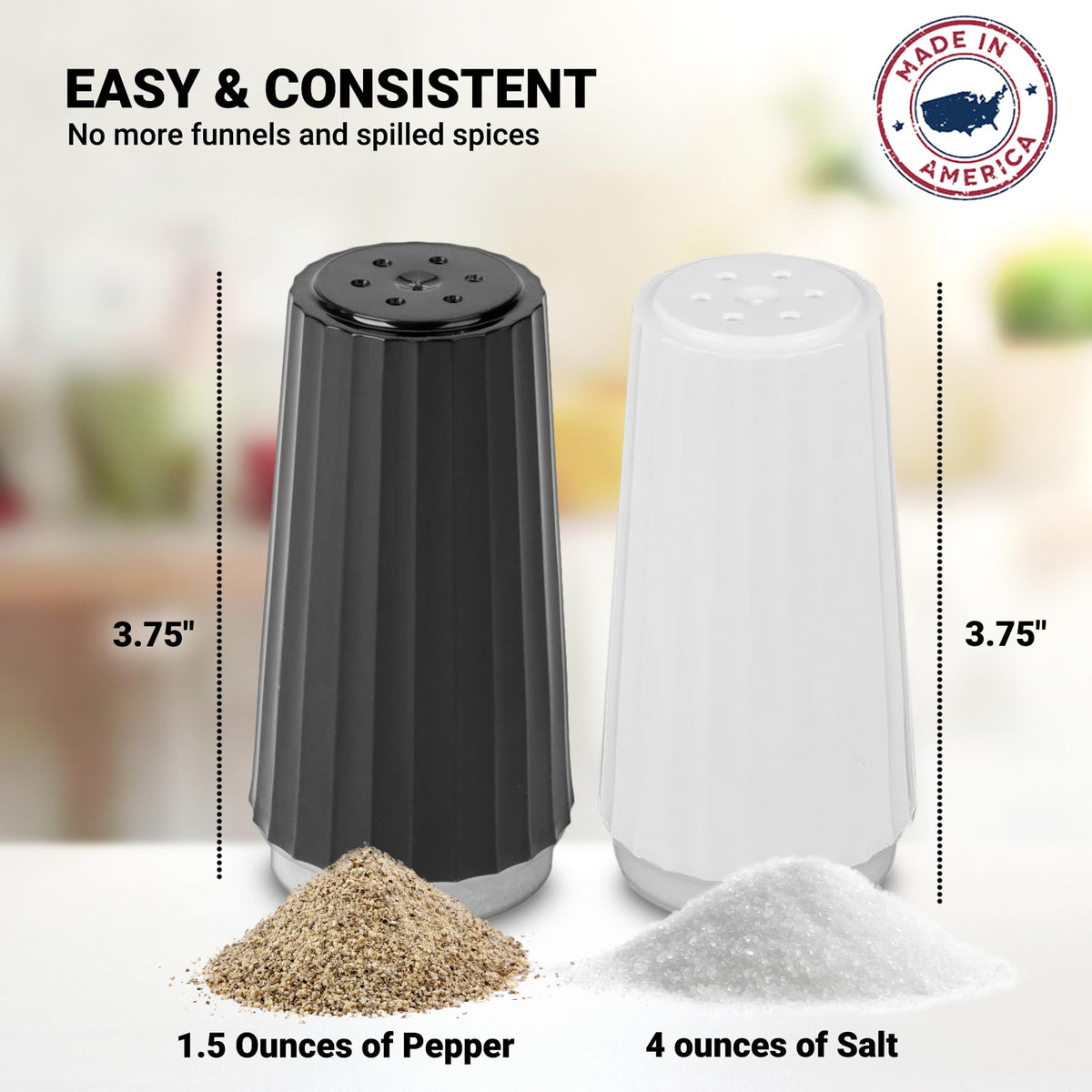 Global Basics prefilled salt and pepper shakers with 4 oz salt and 1.5 oz pepper