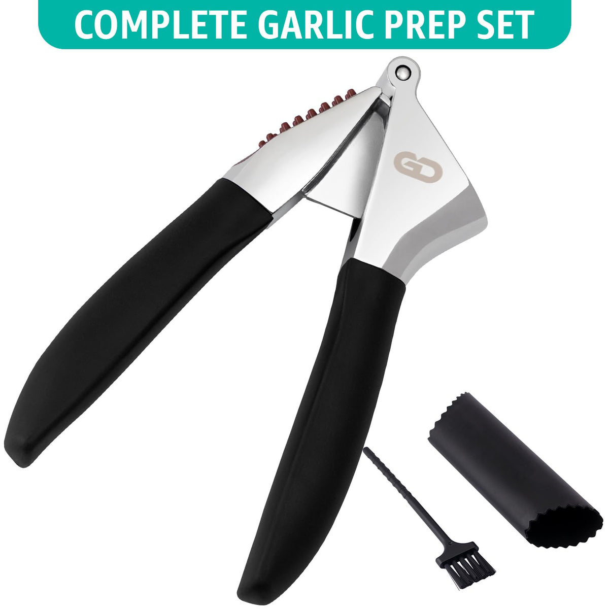 Global Digitronix garlic press with ergonomic handles for easy squeezing.