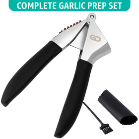 Global Digitronix garlic press with ergonomic handles for easy squeezing.