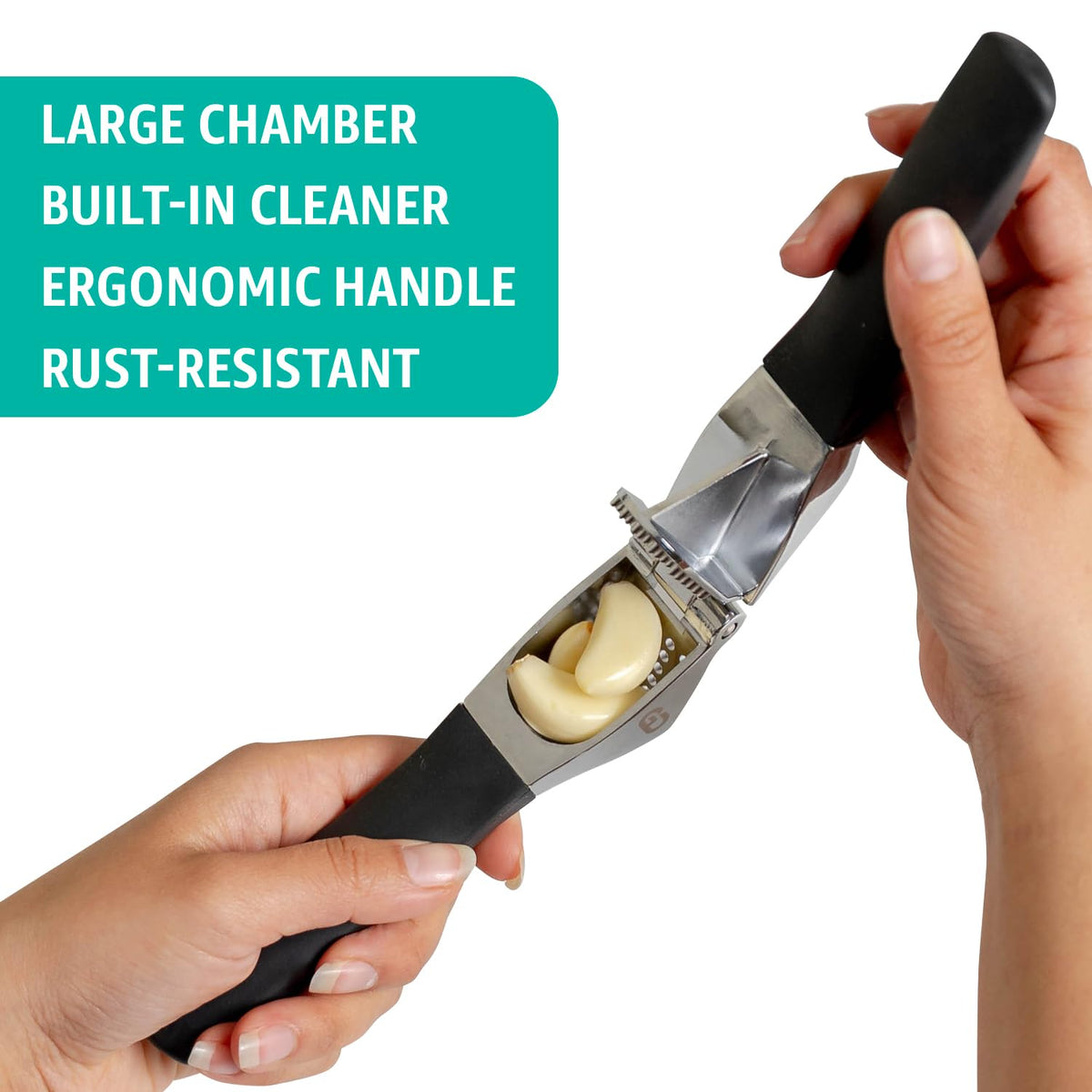 Global Digitronix rust-resistant garlic press for durable kitchen use.