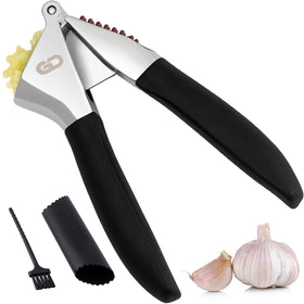 Global Digitronix garlic press set with large chamber for multiple cloves.