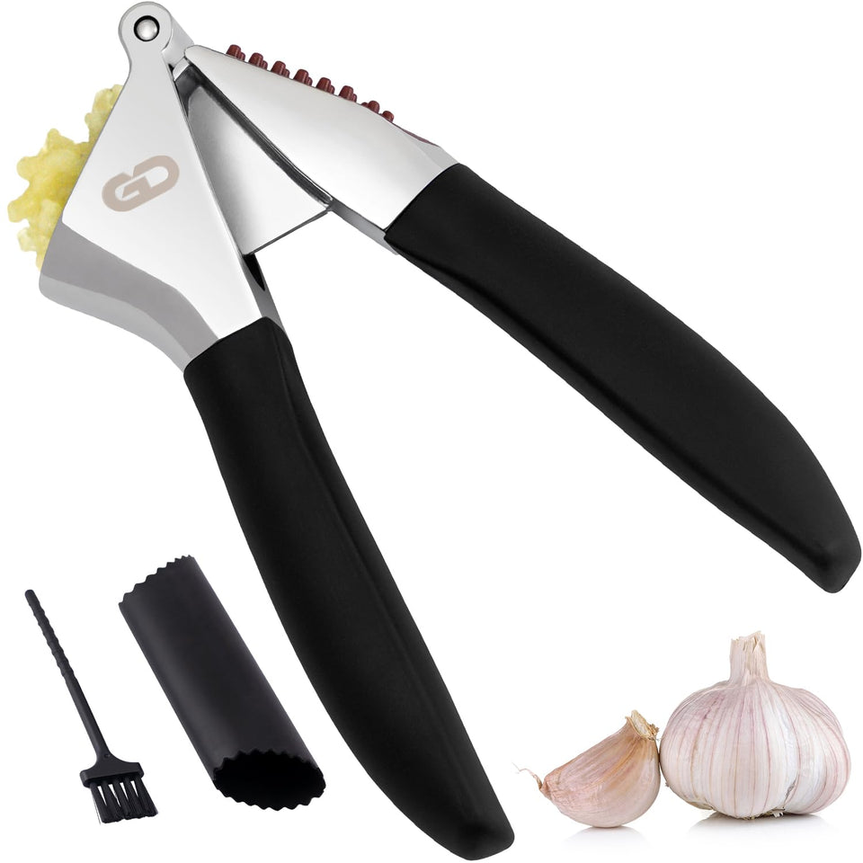 Global Digitronix garlic press set with large chamber for multiple cloves.
