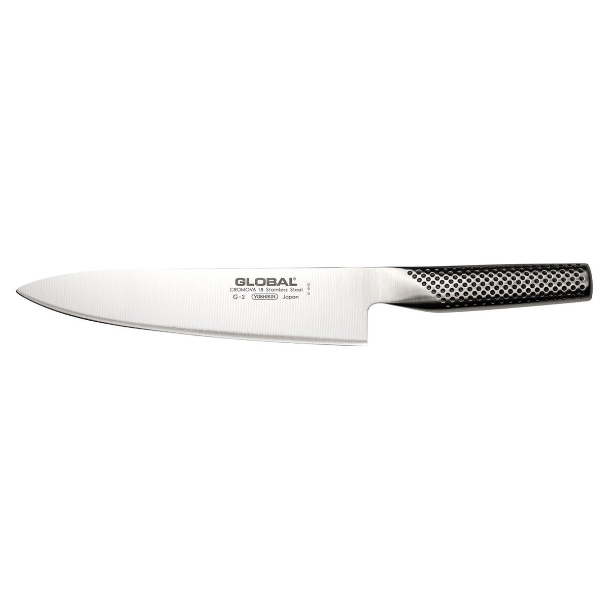 Global Knives 8-inch chef's knife top view shows balanced, lightweight design.