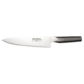 Global Knives 8-inch chef's knife top view shows balanced, lightweight design.