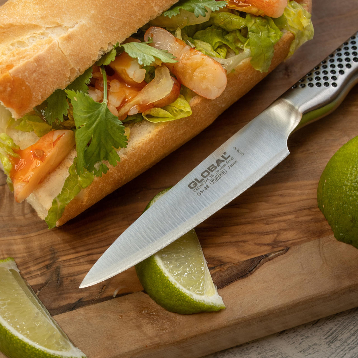 Global 3.5-inch paring knife blade close-up highlights sharp edge for detail work