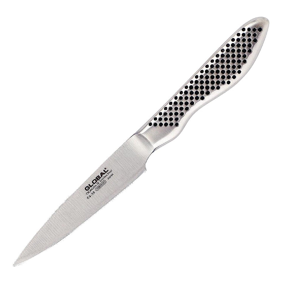 Global 3.5-inch paring knife front view shows compact, precise tool for prep