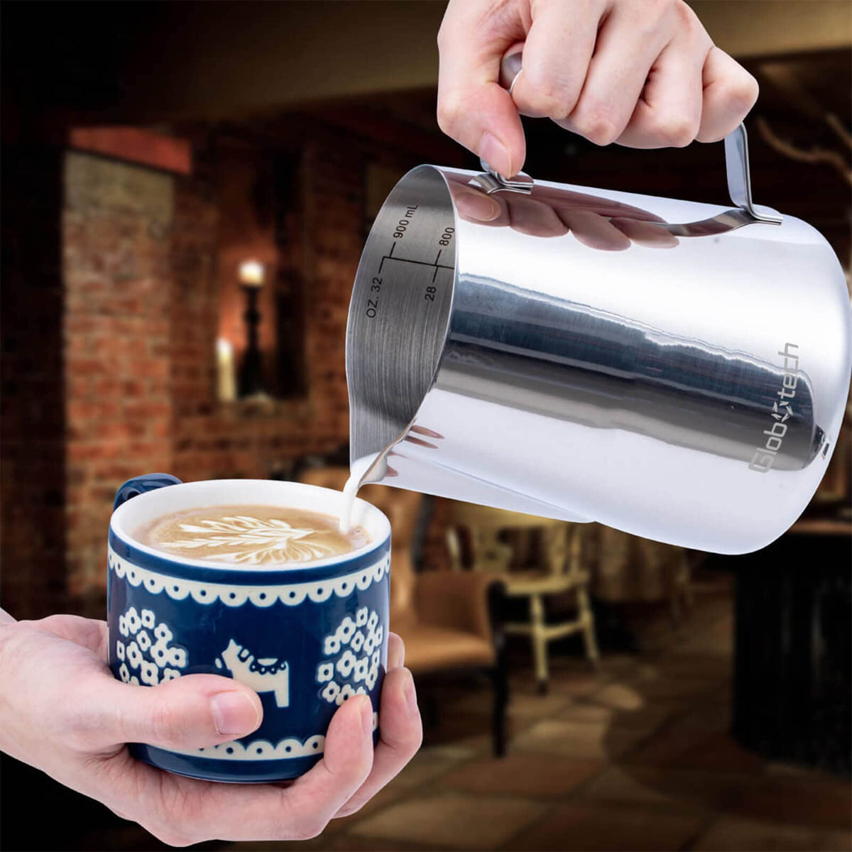 Globotech narrow-spout milk pitcher enables controlled pours for latte art