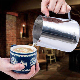 Globotech narrow-spout milk pitcher enables controlled pours for latte art