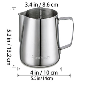 Globotech stainless steel milk pitcher showing inside measurement marks for precise pouring