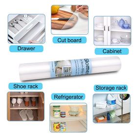 Glomen shelf liner enhances organization on cabinets and shelves.