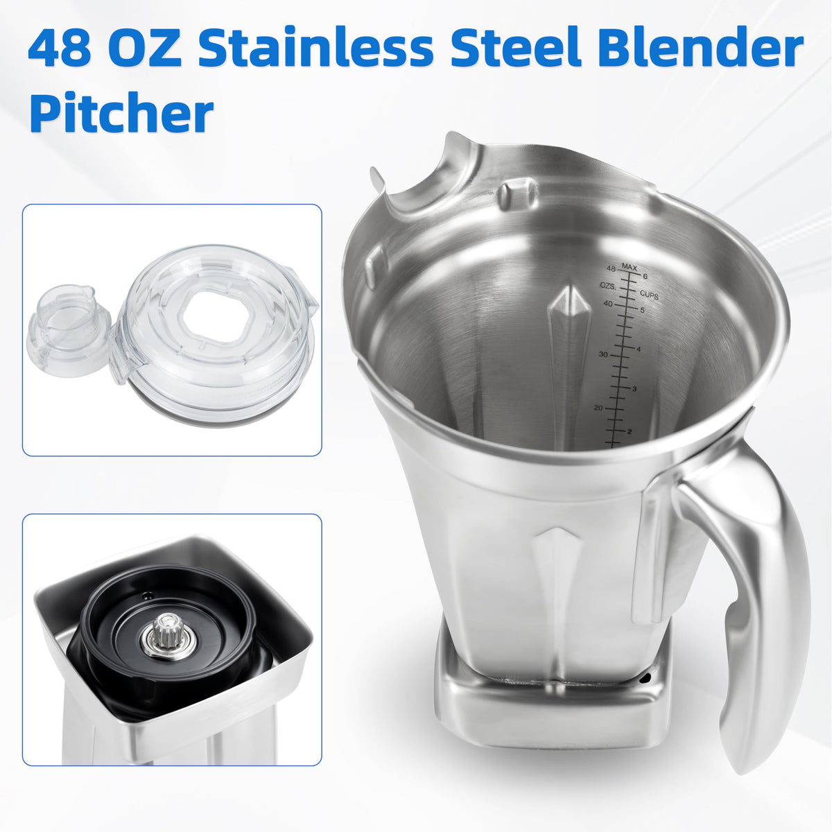 Glorence blender pitcher lid-off closeup demonstrates easy pouring and quick cleaning.