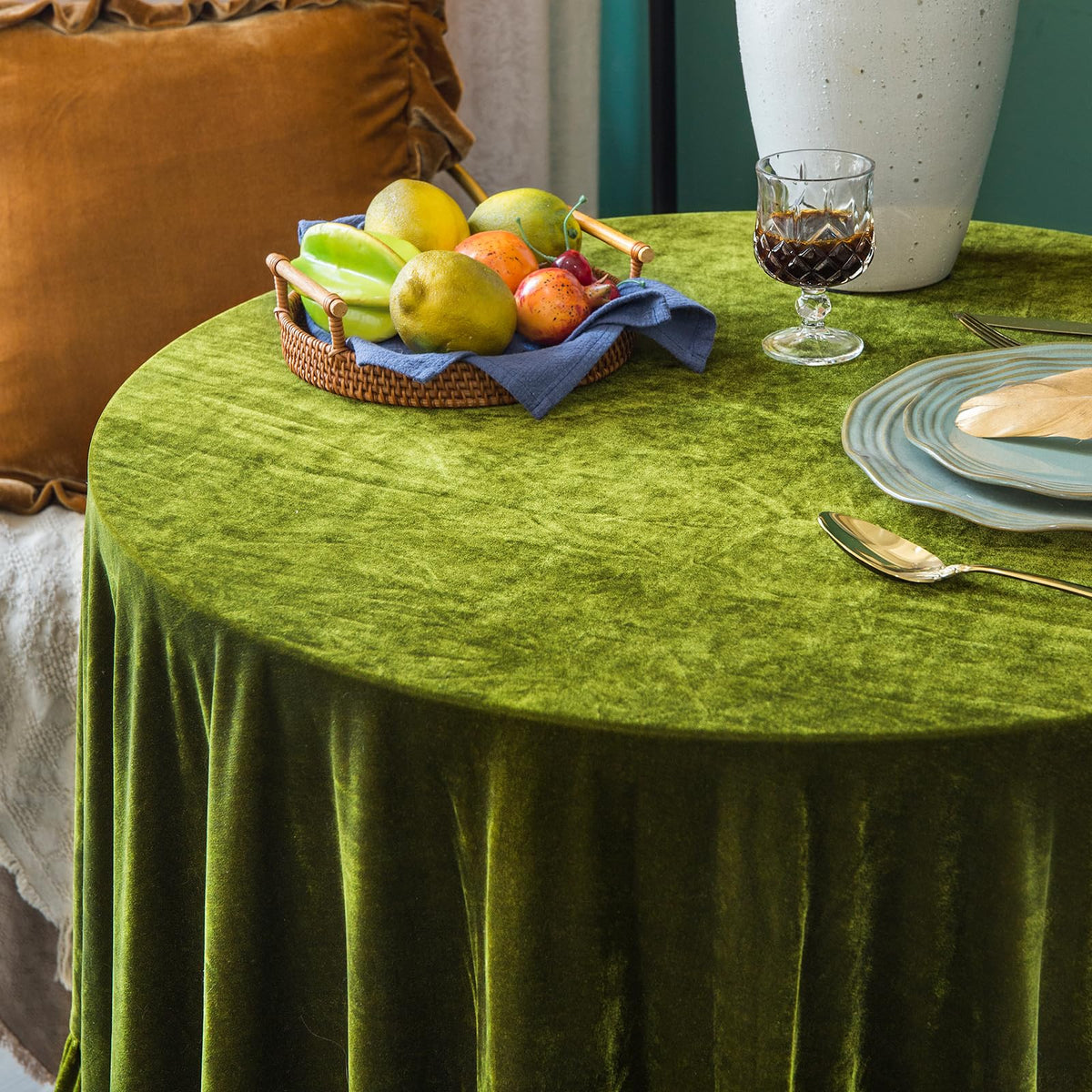 GLORY SEASON dining room setup featuring velvet tablecloth with elegant trim