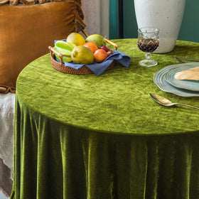 GLORY SEASON dining room setup featuring velvet tablecloth with elegant trim