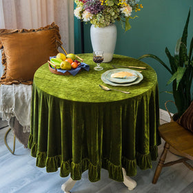 GLORY SEASON velvet tablecloth round with flounce trim enhances elegant dining ambiance