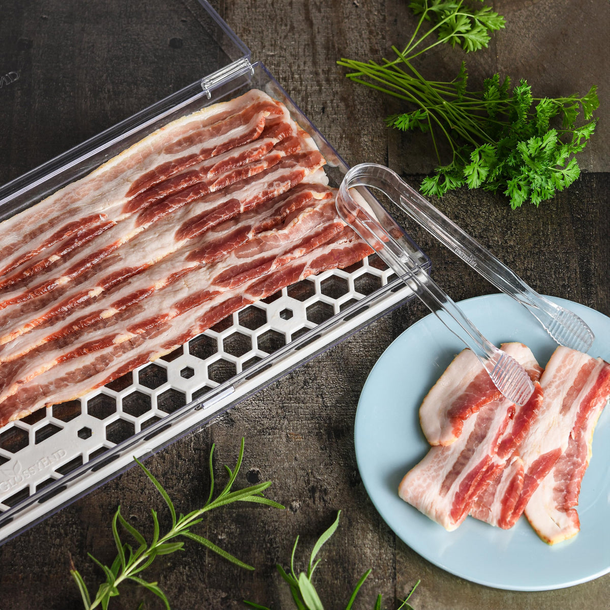 GlossyEnd Bacon Keeper in fridge helps keep deli meat organized and accessible.