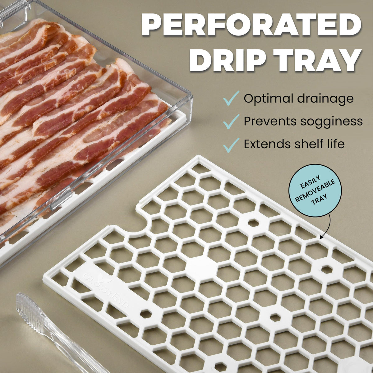 GlossyEnd Bacon Keeper open lid with tongs demonstrates easy handling and mess-free serving.