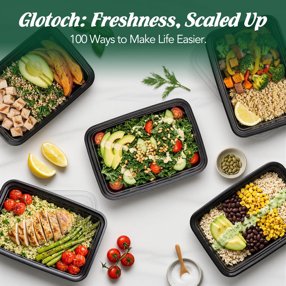 Glotoch Express close-up of leakproof lids for sauces and salads.