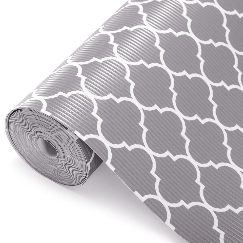 Glotoch Express shelf liner 12x20ft with non-slip backing keeps items secure.
