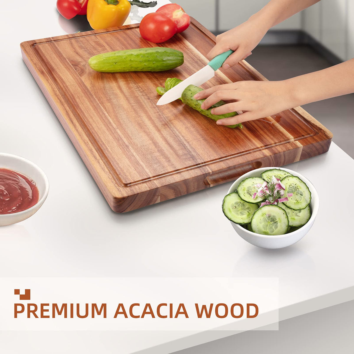GlowSol knife-friendly acacia board helps protect blades during daily prep