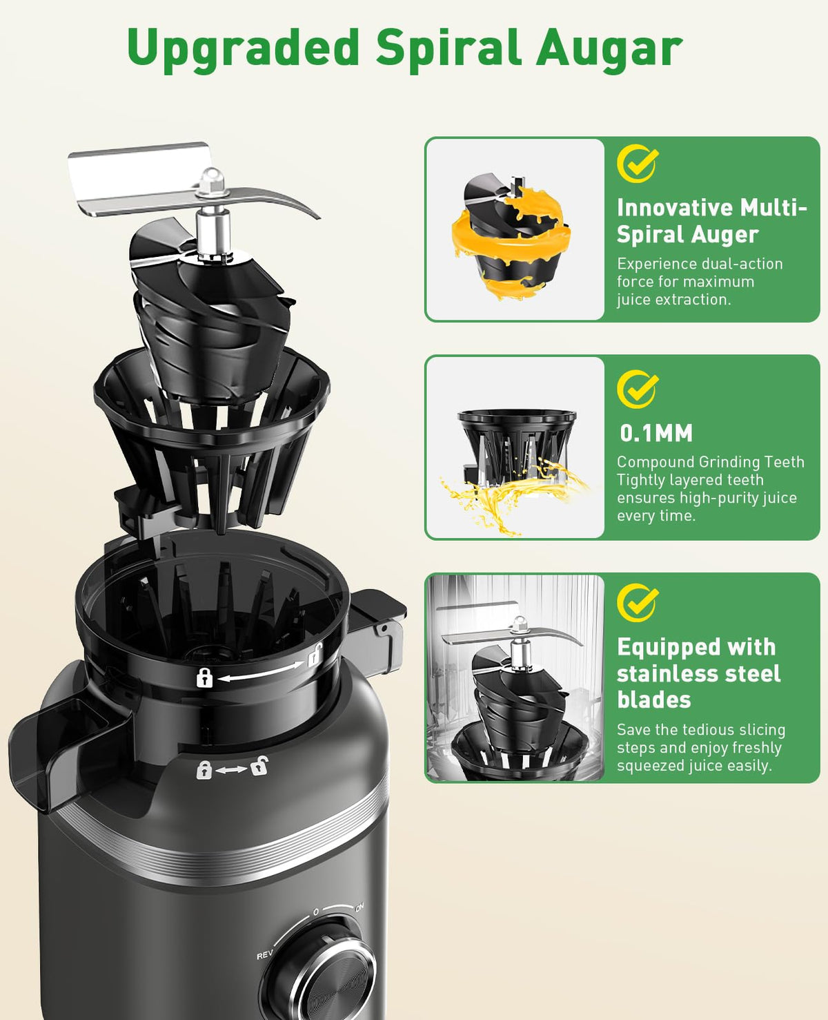 GlowWise slow-masticating auger juicer ensures smooth juice with minimal pulp