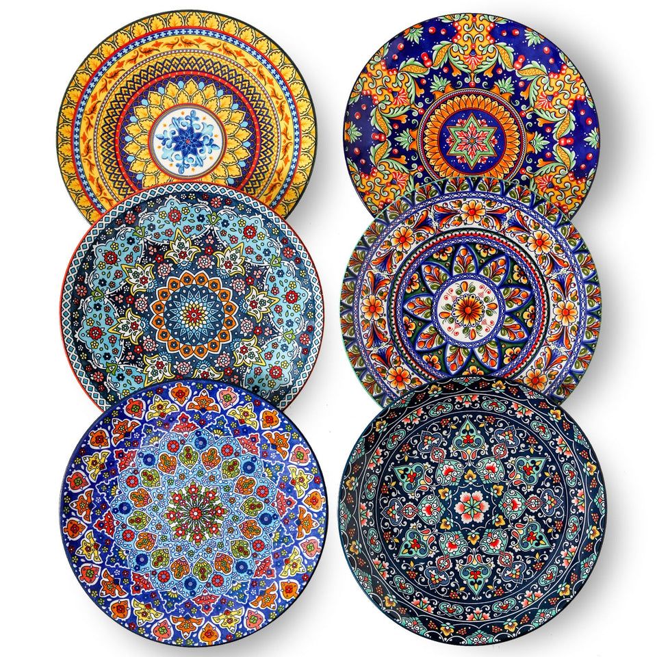 Glowworm 10.5-inch dinner plate with bohemian pattern, perfect for colorful family meals.