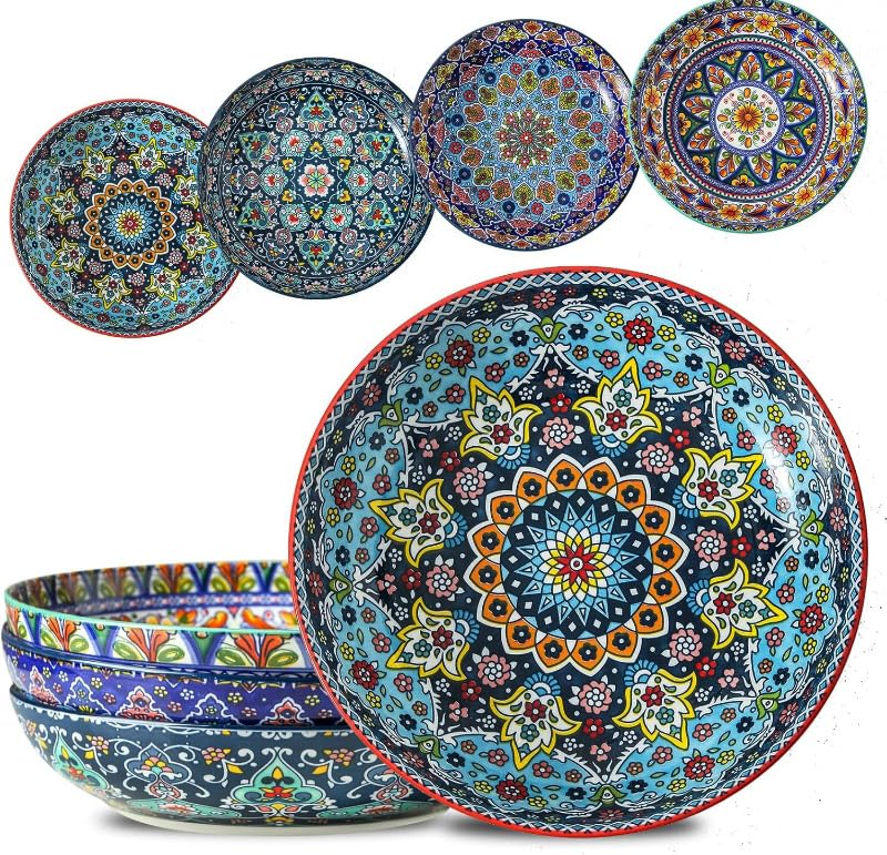 Glowworm pasta bowls set of four with bohemian-pattern designs for vibrant entertaining.