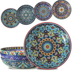 Glowworm pasta bowls set of four with bohemian-pattern designs for vibrant entertaining.