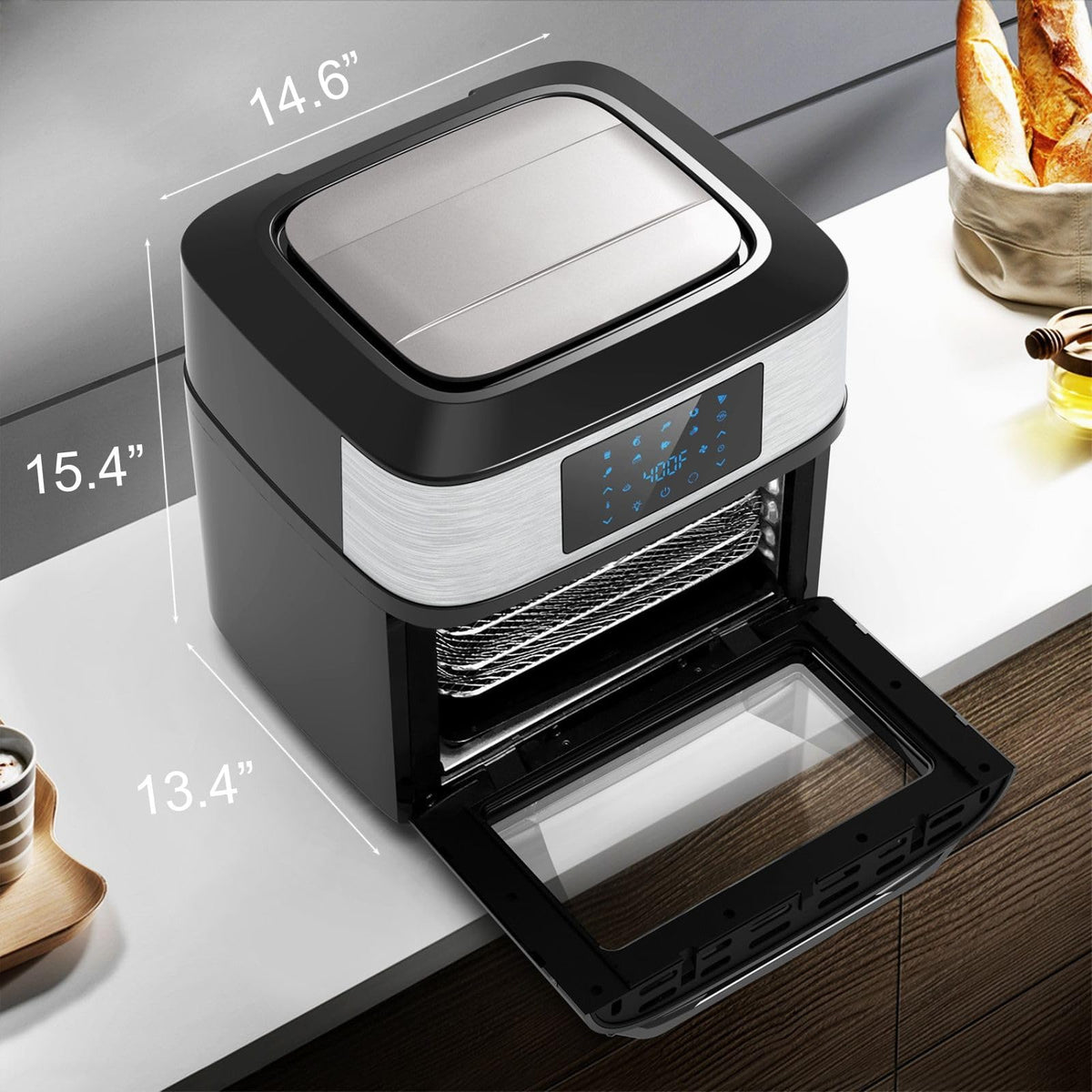 Gluck air fryer oven 20qt with rotisserie spit for evenly roasted meats.