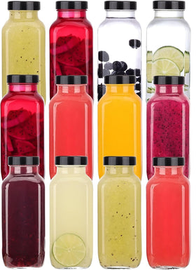 Glxgow 12-pack 8oz glass bottles with black lids and labels for organized juicing.
