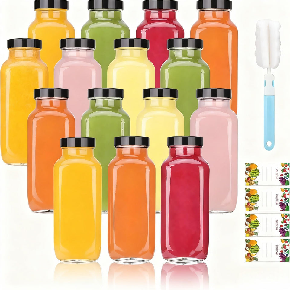 Glxgow 15-pack 8oz glass bottles with black lids for portable juices and smoothies.