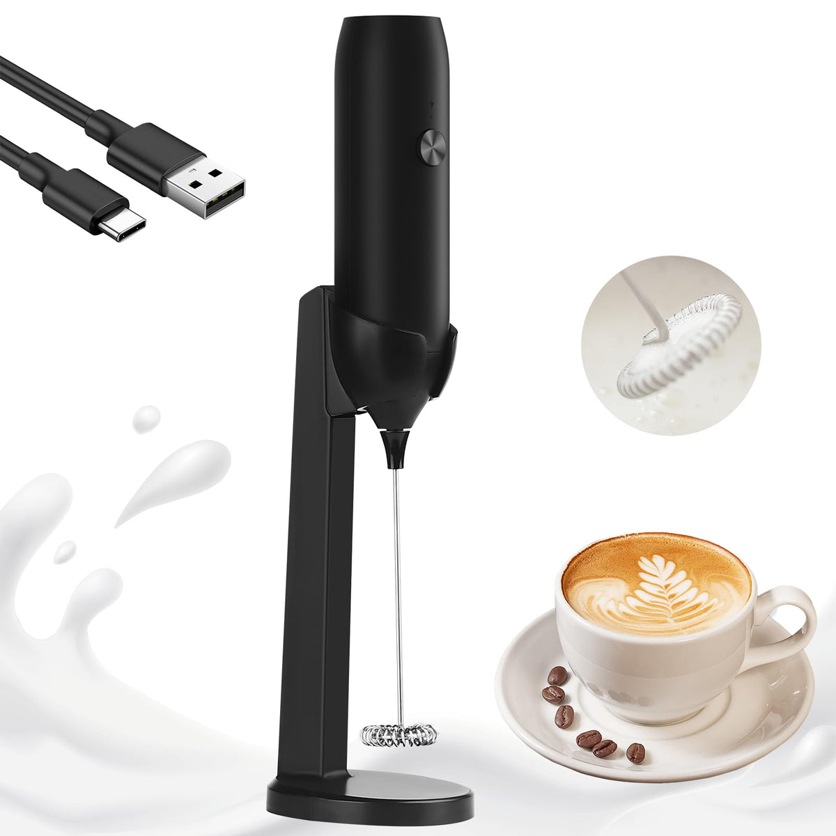 GLZOOO rechargeable milk frother with stand for easy storage and quick drying