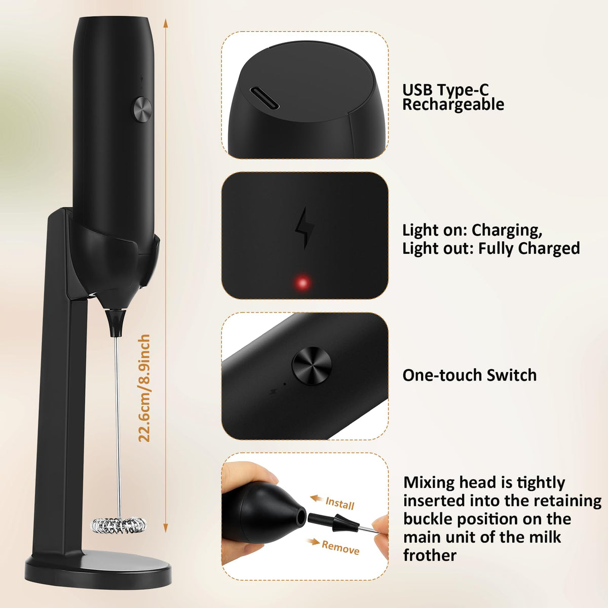GLZOOO USB-C frother charges quickly for on-the-go frothing