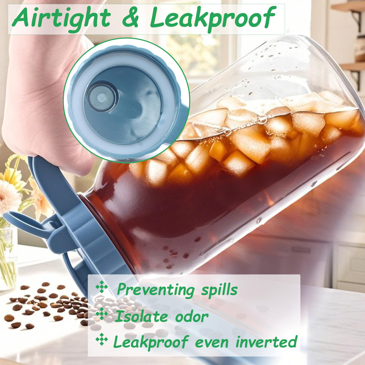 GMAEURL Pitcher with leakproof lid preventing spills during transport.