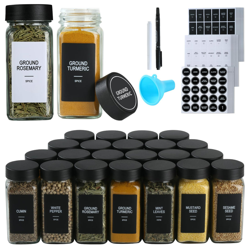 GMAMXD 24-glass spice jars with labels for organized storage.
