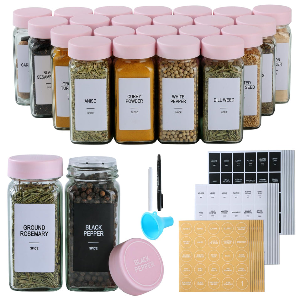 GMAMXD 24 glass spice jars with labels for organized pantry storage.
