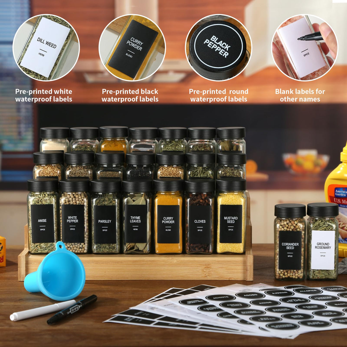 GMAMXD square-empty-spice-bottles for compact pantry storage.