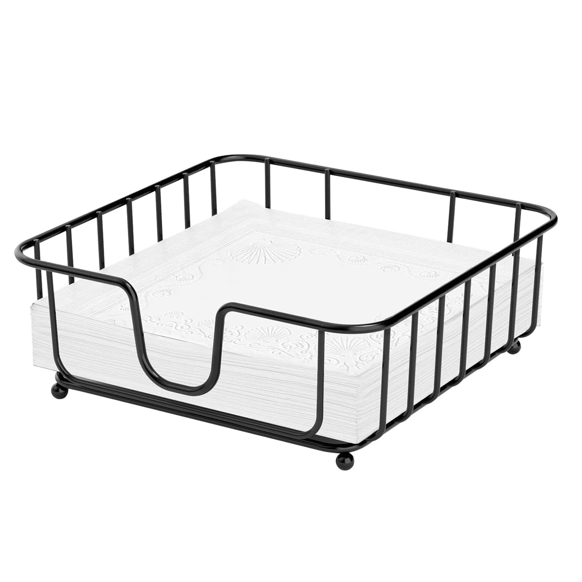 GMFINE napkin holder on table - front view, sleek black finish keeps napkins tidy
