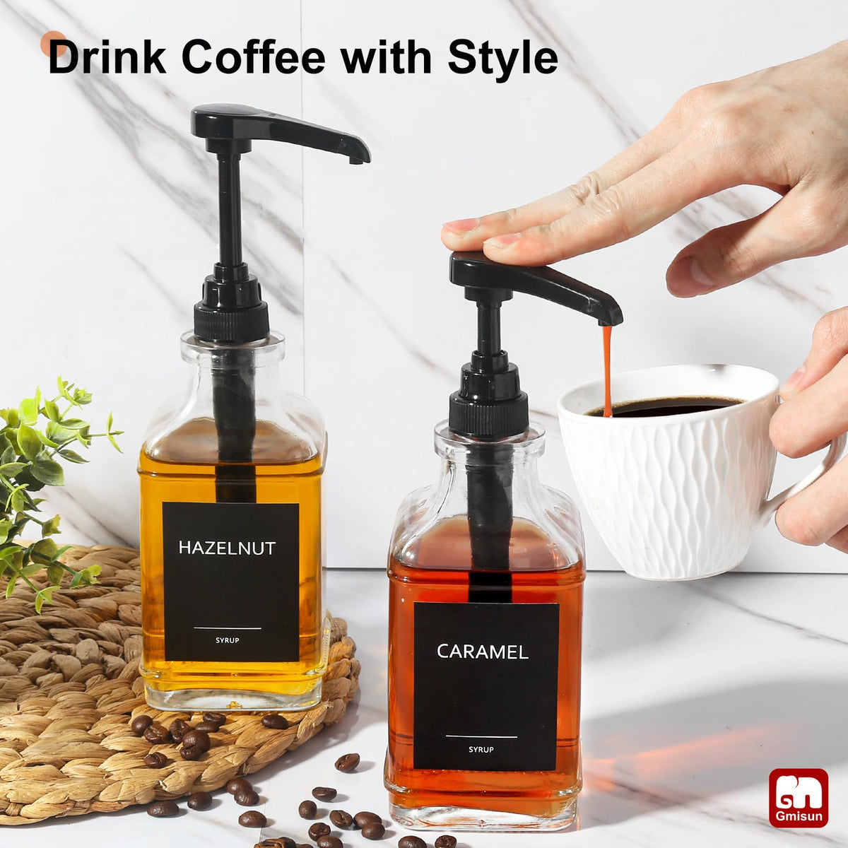GMISUN coffee bar setup stays neat with square bottles aligned.