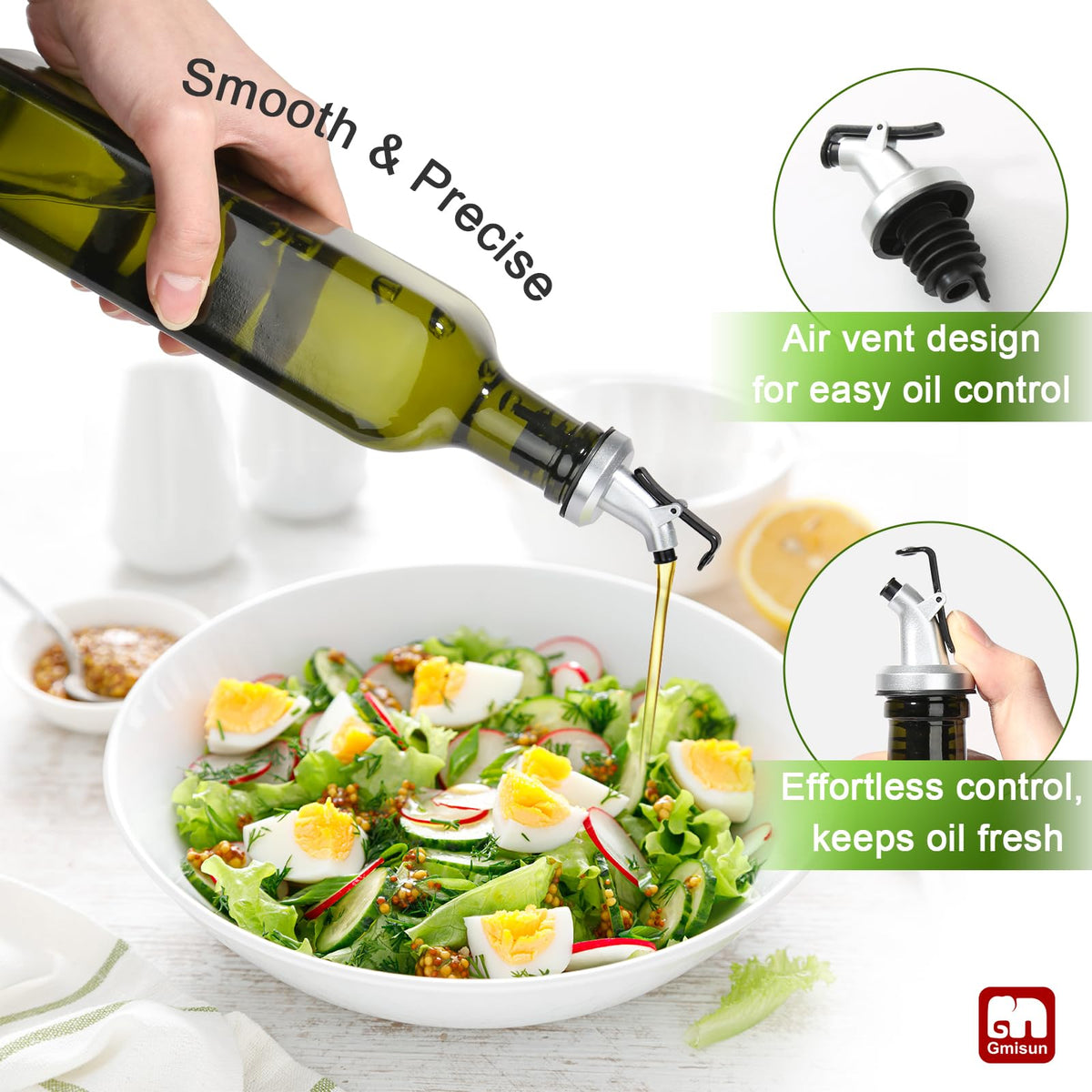 GMISUN green glass oil dispenser highlights freshness by shielding oil from light.