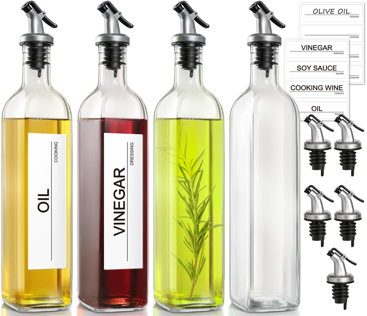 GMISUN olive oil dispenser 4-pack bottle front with clear glass and controlled pour spouts.